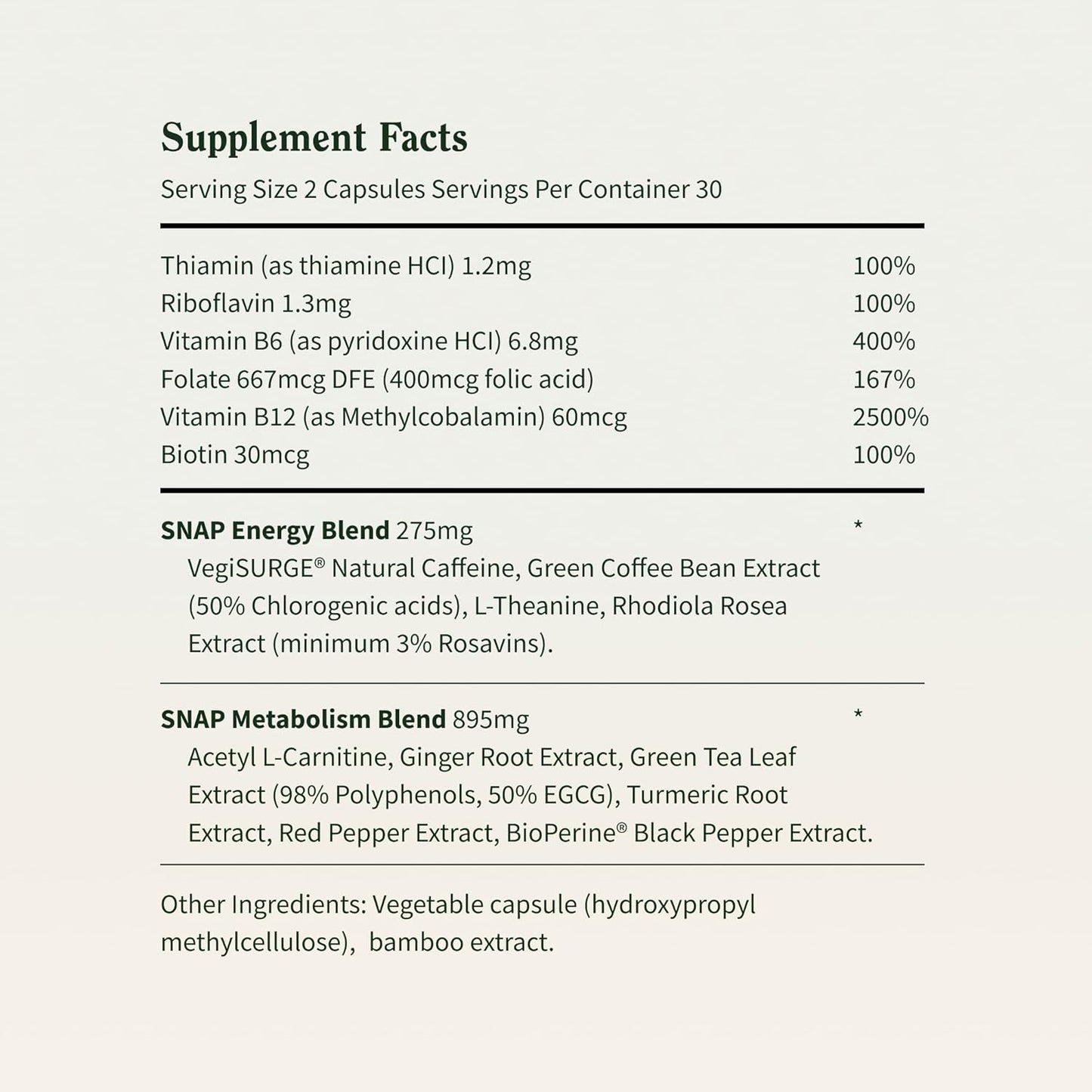 Supplement facts label with detailed nutritional information on a white background