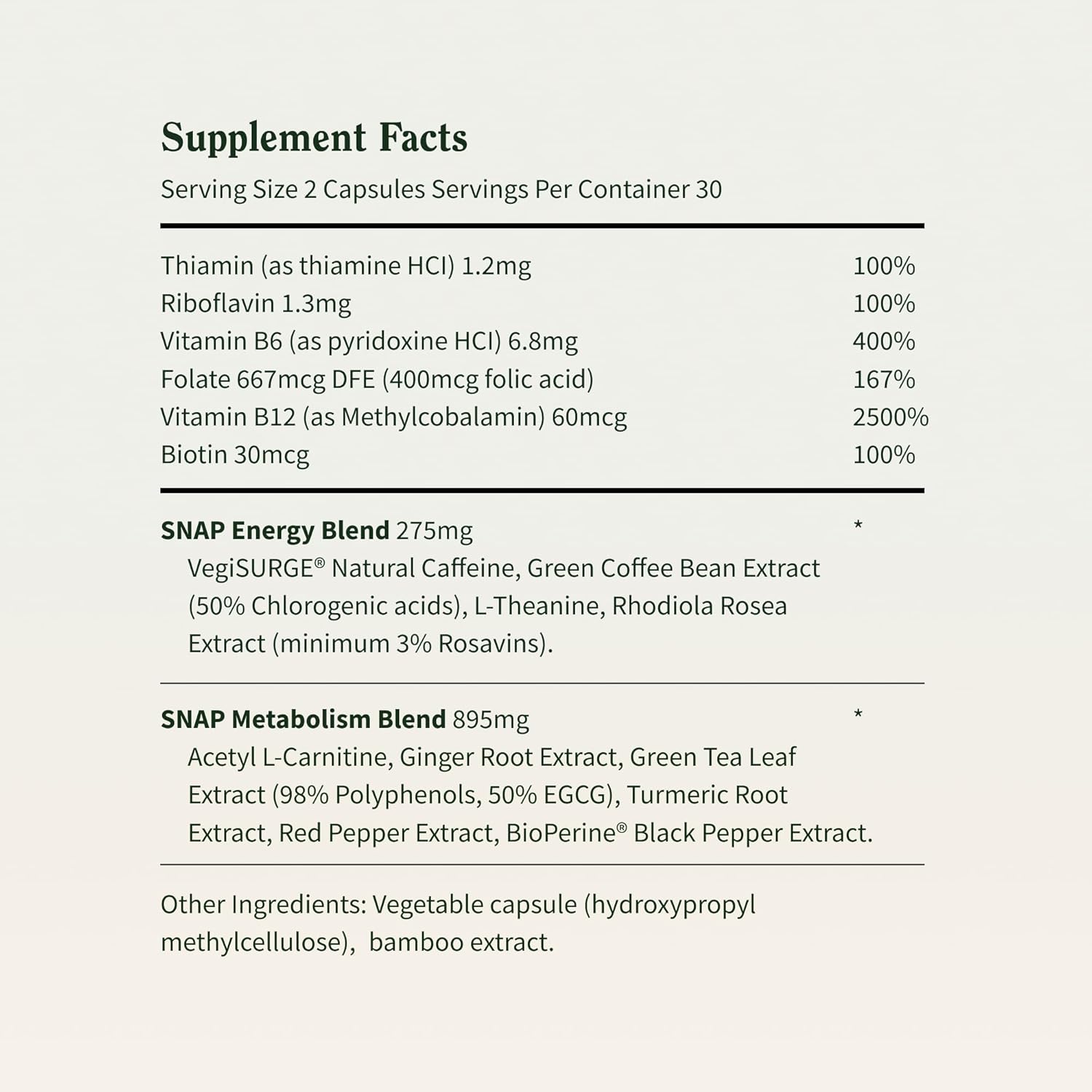 Supplement facts label with detailed nutritional information on a white background