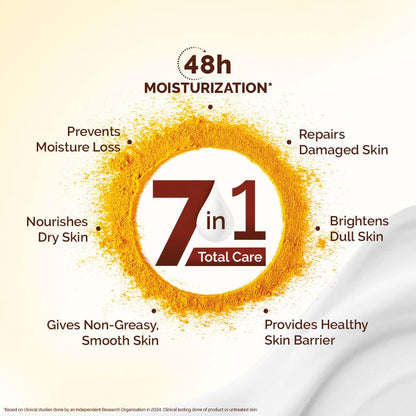 Mamaearth Ubtan Moisturizing Body Lotion with Turmeric & Saffron for Glowing Skin | 48 Hrs Moisturization | Nourishes Dry Skin | 7 in1 Total Care | 100% Natural Butter | Non-Greasy Smooth Skin | 400 ml