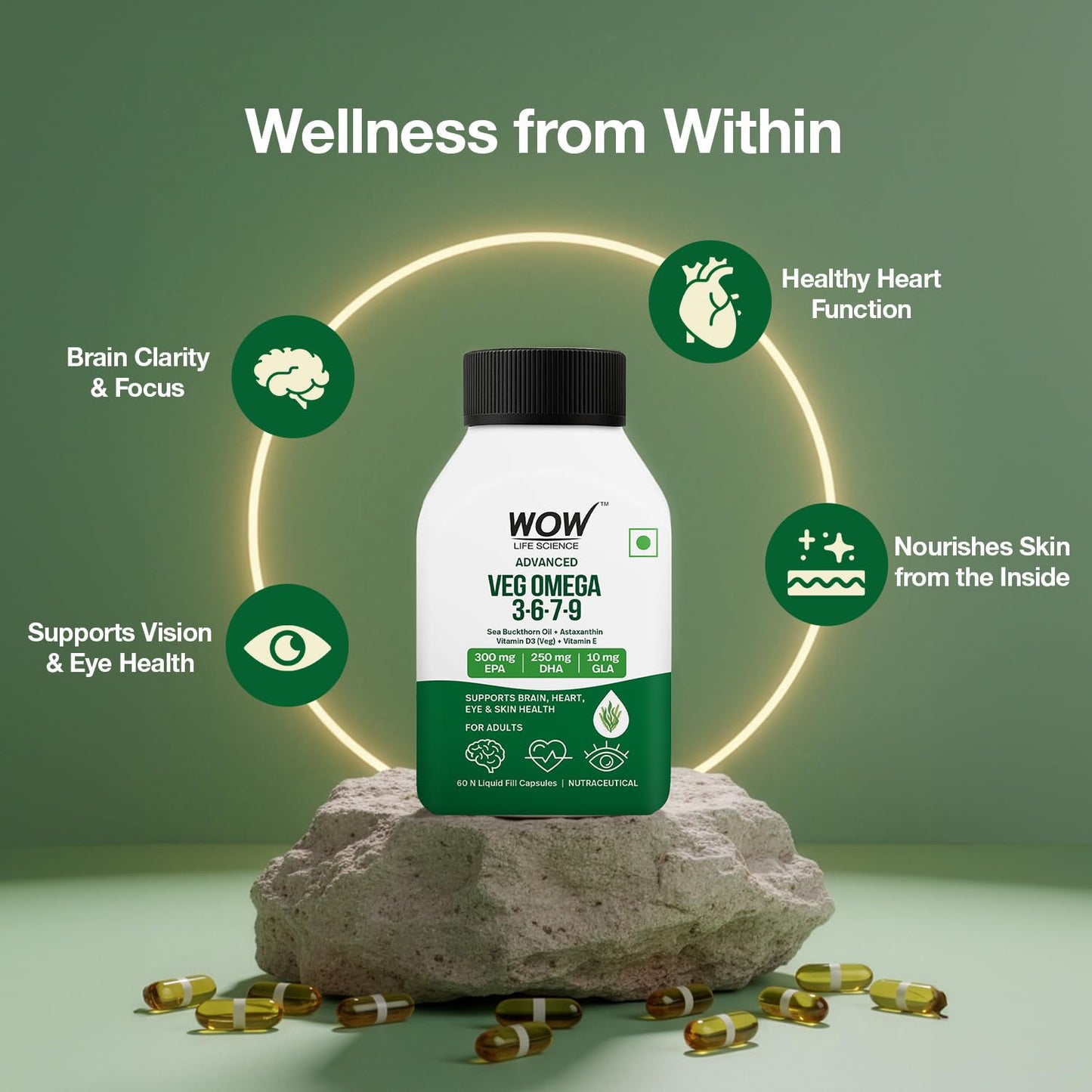 WOW Life Science Advanced Veg Omega 3-6-7-9 | Plant-Based EPA & DHA from Algal Oil + GLA from Evening Primrose | Sea Buckthorn Oil + Astaxanthin + Vitamin D3 (Veg) & Vitamin E | Brain Focus, Heart Health, Eye Support, Skin Hydration | 60 Capsules