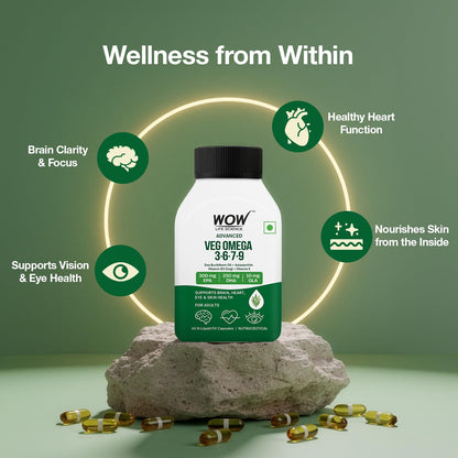 WOW Life Science Advanced Veg Omega 3-6-7-9 | Plant-Based EPA & DHA from Algal Oil + GLA from Evening Primrose | Sea Buckthorn Oil + Astaxanthin + Vitamin D3 (Veg) & Vitamin E | Brain Focus, Heart Health, Eye Support, Skin Hydration | 60 Capsules