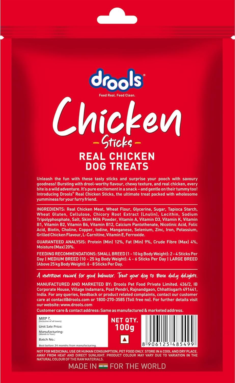 Drools Puppy & Adult Dog Treats Sticks, 100g | Real Chicken Flavour |Rich in Protein | No Artificial Preservatives | Best for Training & Bonding | Formulated in USA | Premium Treats