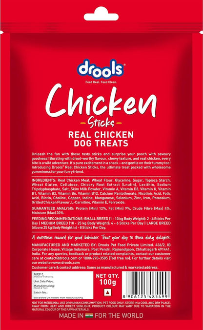 Drools Puppy & Adult Dog Treats Sticks, 100g | Real Chicken Flavour |Rich in Protein | No Artificial Preservatives | Best for Training & Bonding | Formulated in USA | Premium Treats