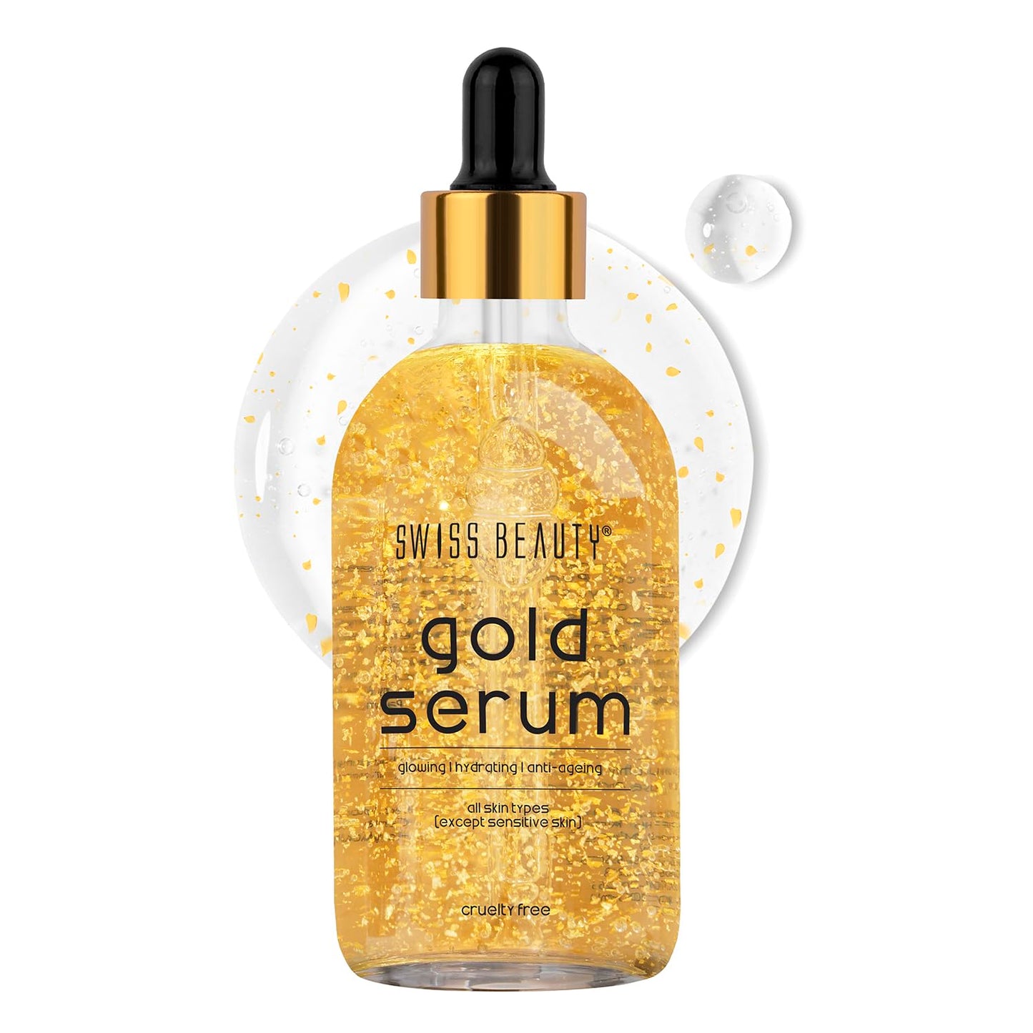 Gold serum bottle with dropper labeled 'Swiss Beauty' on a white background