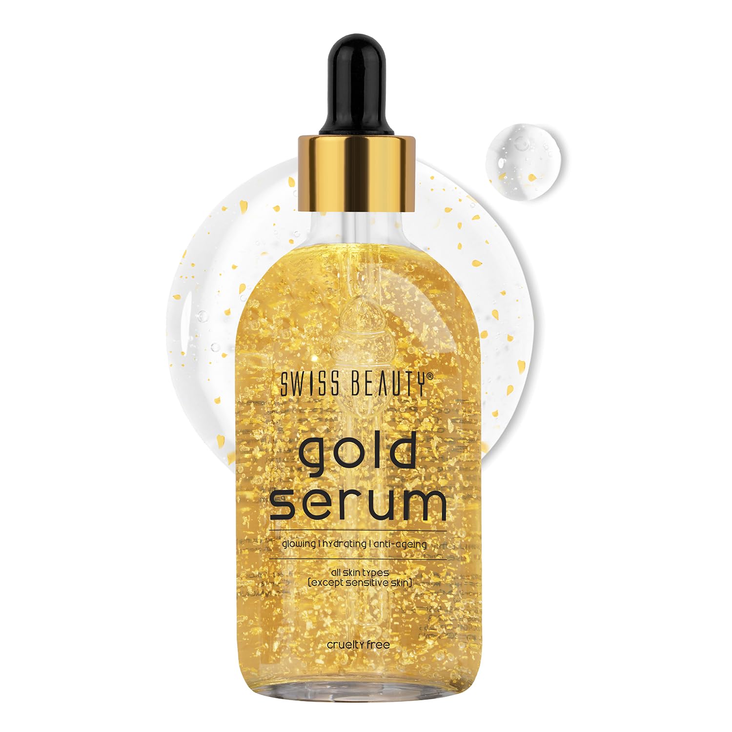 Gold serum bottle with dropper labeled 'Swiss Beauty' on a white background