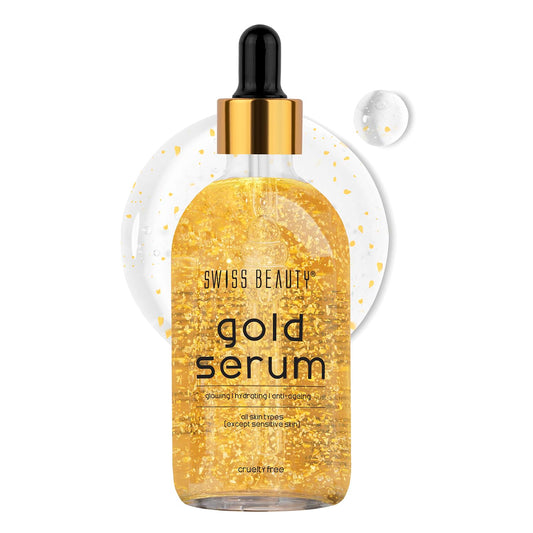 Gold serum bottle with dropper labeled 'Swiss Beauty' on a white background