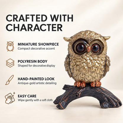 Owl Figurine on Natural Wood-Look Log Base Resin Decorative Showpiece for Home & Office Décor (Gold & Black, Small)