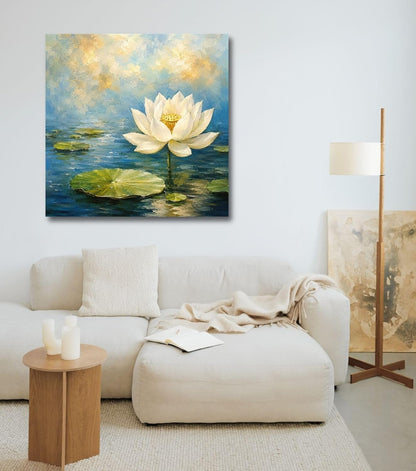 Lotus Flower Painting for Wall Vastu (15+ DESIGNS) Framed Lotus Canvas Painting for Living Room, Bedroom | Nature Floral Wall Art with Multiple Design Variations (White Single Lotus, 18x18 Inch, Framed)