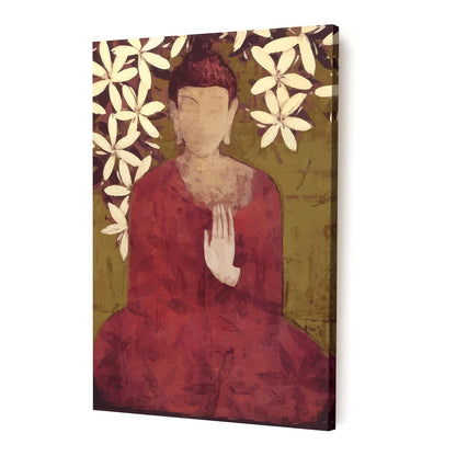 Stretched Canvas Painting Calm buddha in Red Choga Wall For Living Room, Home Decor, Wall Decoration Paintings (Size: 16x22 Inch)