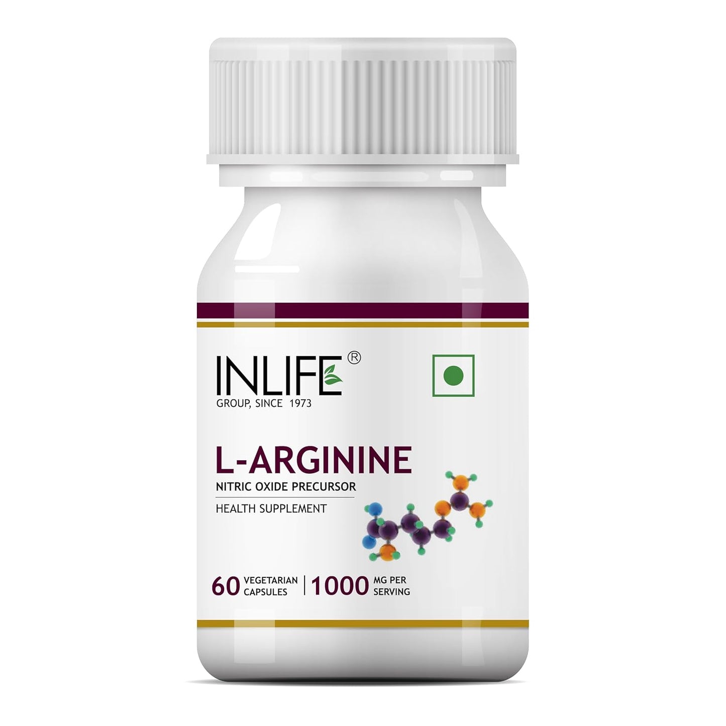 INLIFE L Arginine Capsules 1000mg Supplement | Nitric Oxide Precursor - 60 Vegetarian Capsules (Pack of 1)