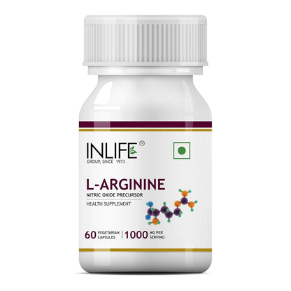 INLIFE L Arginine Capsules 1000mg Supplement | Nitric Oxide Precursor - 60 Vegetarian Capsules (Pack of 1)