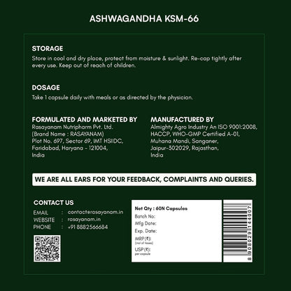 Rasayanam Ashwagandha KSM-66® | Clinically Proven 600mg Dosage | 5.1% Withanolides for Max Results | 100% Pure Root Extract | Stress Relief, Energy & Recovery Support | World’s Strongest Ashwagandha | 60 Capsules