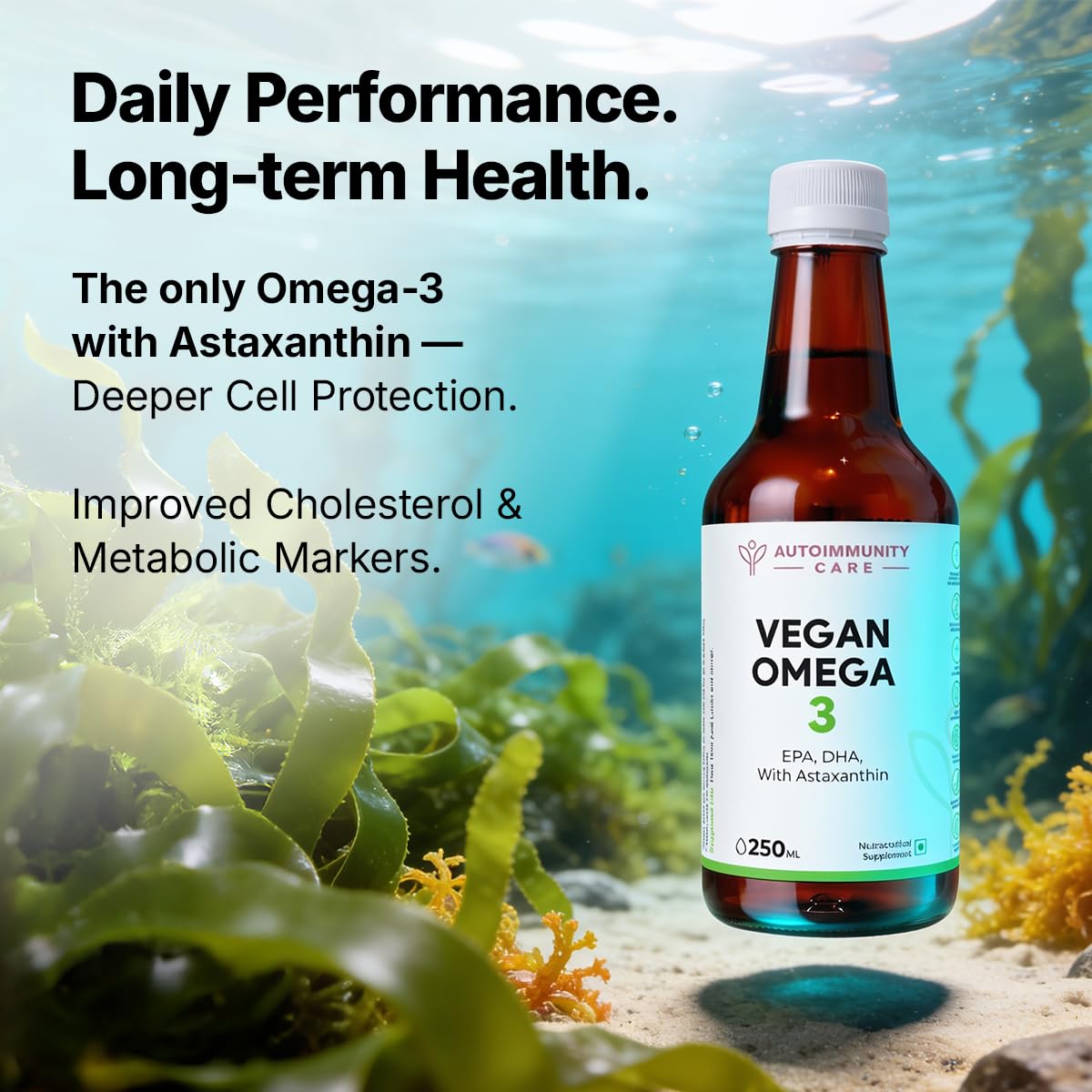 Autoimmunity Care Vegan Omega 3 Oil – Algal Oil Omega-3 with EPA DHA & Astaxanthin | Veg Omega3 Supplement for Heart, Brain, Eyes, Skin & Joints | Better than Fish Oil Omega3 | High EPA DHA | 25 Servings