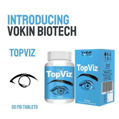 Vokin Biotech TopViz eye health supplement with bottle and packaging on a white background