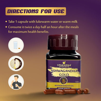 Upakarma Ashwagandha Gold 30 Capsules | Contains Gold | Ashwagandha Root Extract, Brahmi, Shigru and Other Action Herbs | Helps in Stress & Sleep Management
