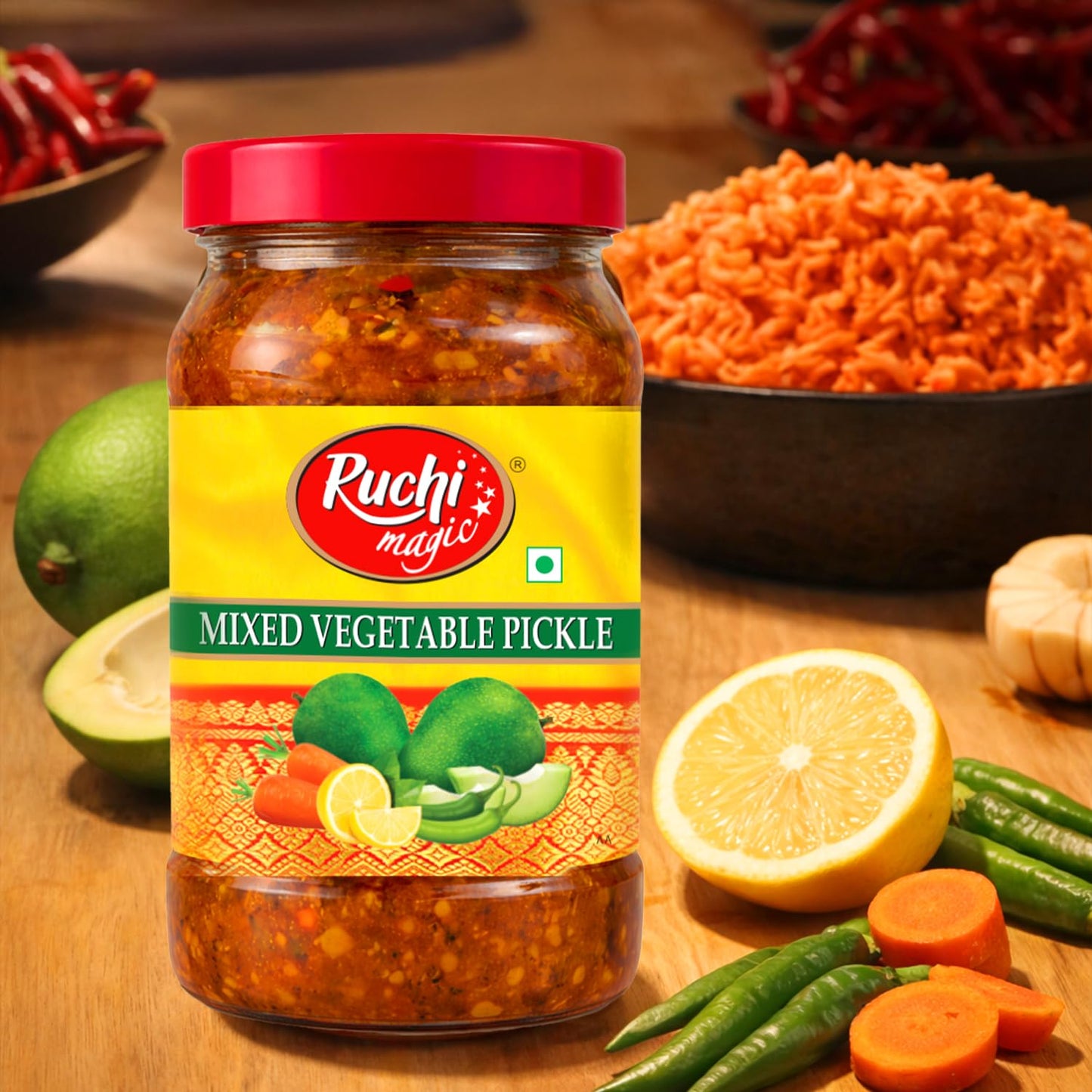 Ruchi Magic Mixed Veg Pickle | Crunchy Traditional Indian Pickle with Assorted Vegetables and Spices | Deliciously Tangy & Spicy Home-Style Taste | 1 kg
