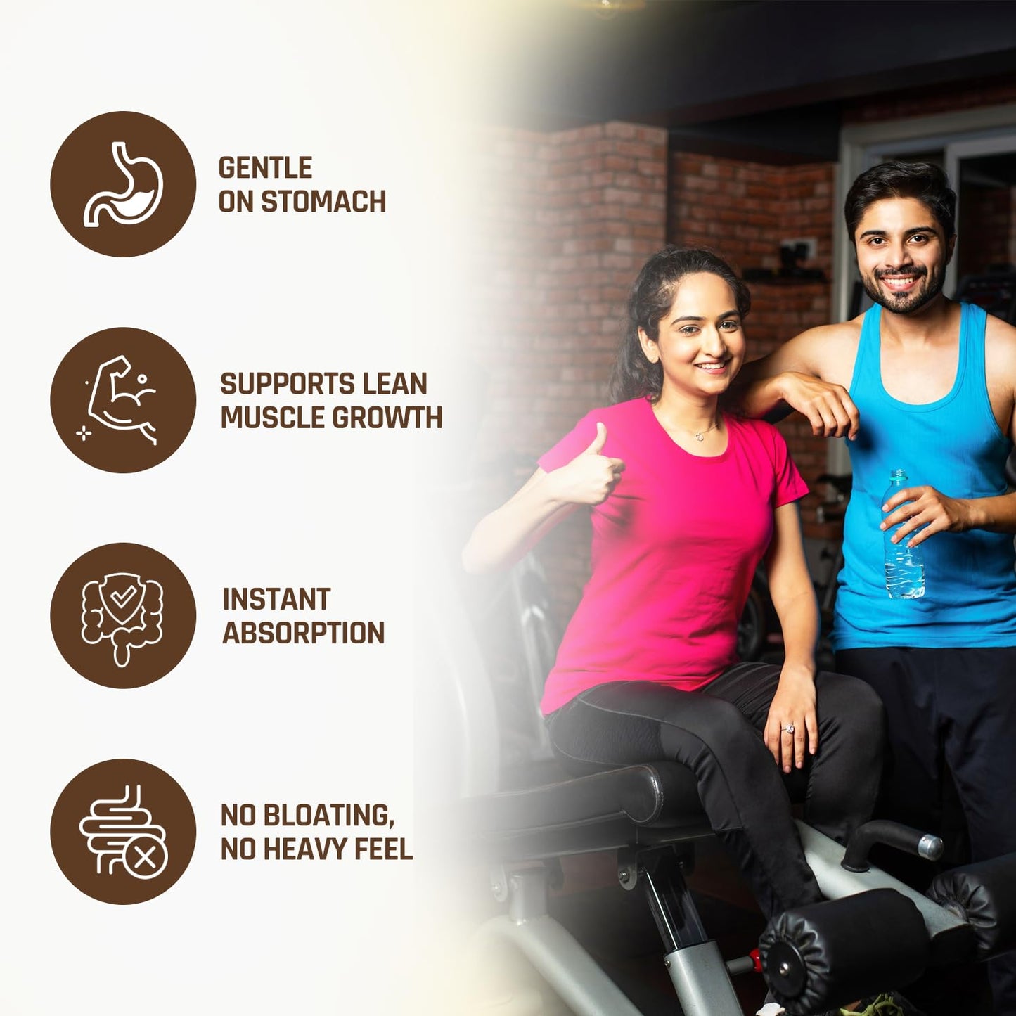 Two people exercising with health benefits text overlay