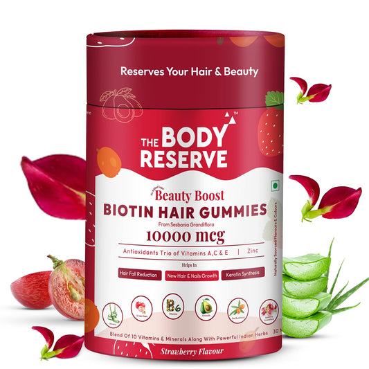 Body Reserve Beauty Boost Biotin Hair Gummies container with strawberry flavor on a white background