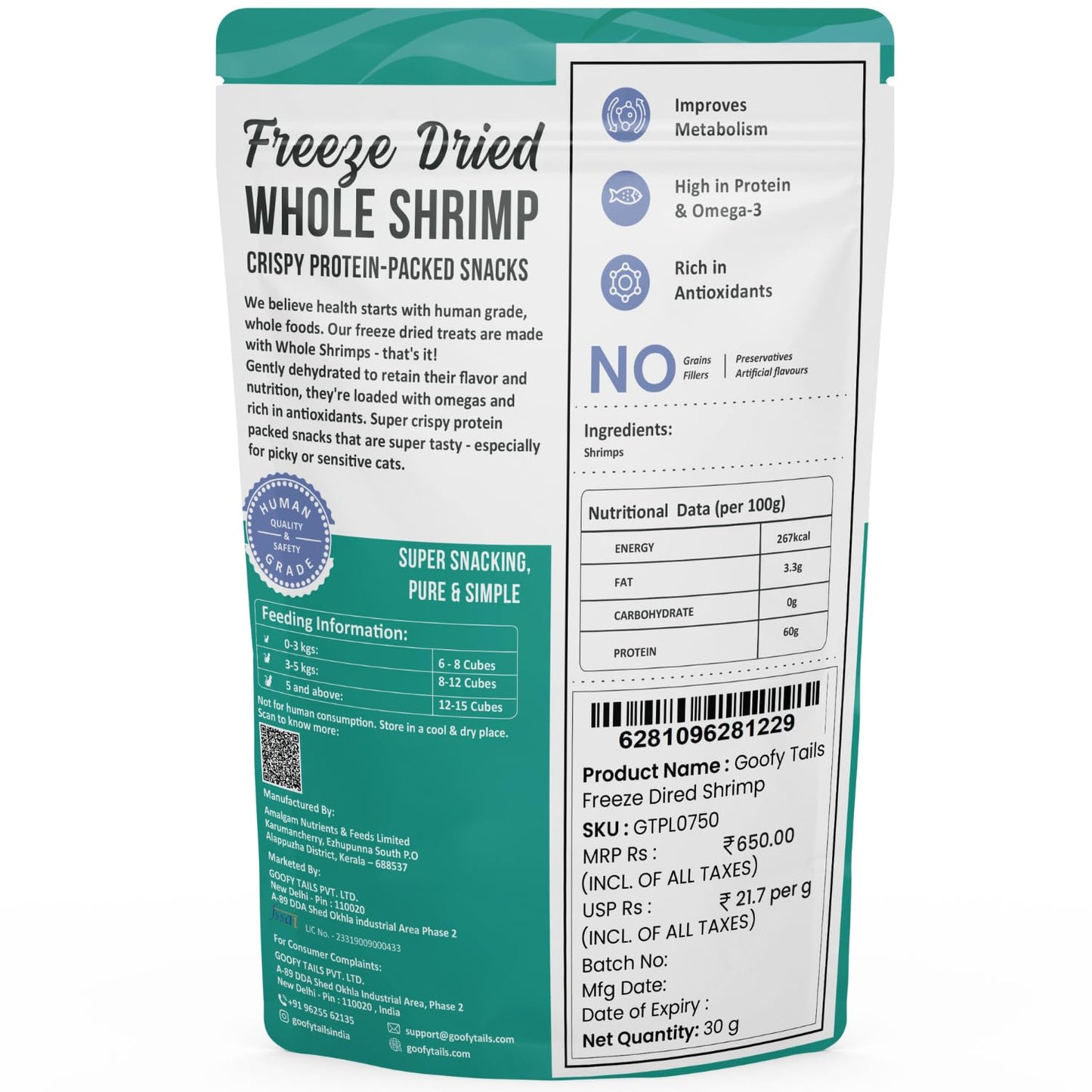 Goofy Tails Freeze Dried Shrimp Cat Treats 30g, Single Ingredient Shrimp Cat Treat, Gluten and Grain Free Treats for Cats, Protein and Omega 3, Antioxidant Rich, Easy to Digest Kitten Treat