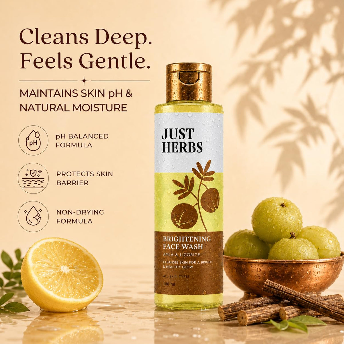 Just Herbs Brightening Face Wash with Vitamin C Amla & Liquorice Root for Men & Women | Hydrates Skin, Reduces Hyperpigmentation & Maintains pH Level | Suits All Skin Types- 50 gm