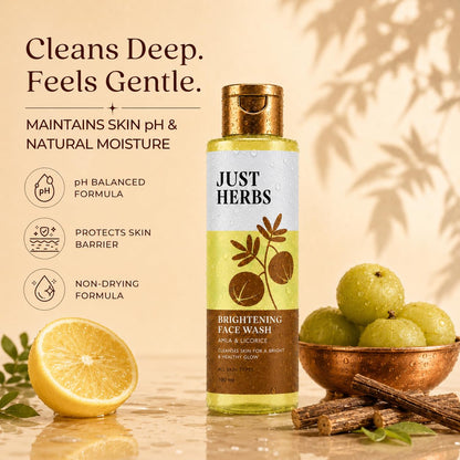 Just Herbs Brightening Face Wash with Vitamin C Amla & Liquorice Root for Men & Women | Hydrates Skin, Reduces Hyperpigmentation & Maintains pH Level | Suits All Skin Types- 50 gm