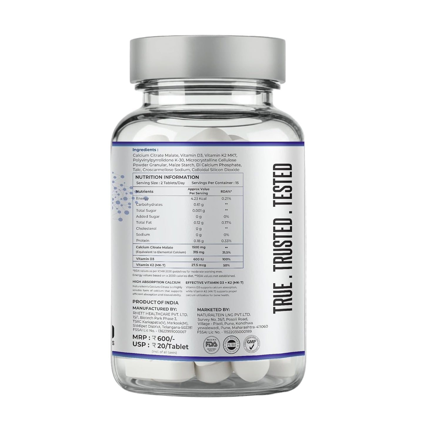 Supplement bottle with a white label on a white background