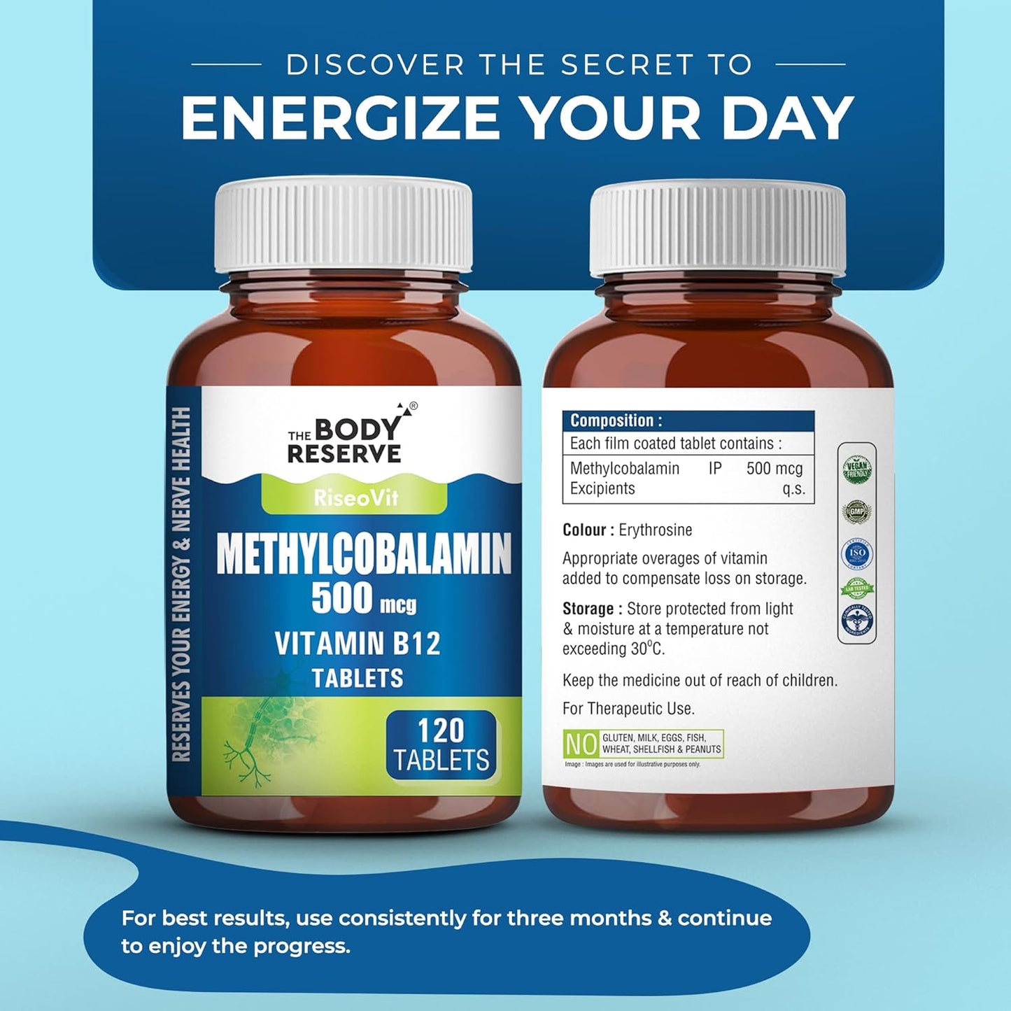 Two bottles of Methylcobalamin 500 mcg Vitamin B12 tablets with product details on a blue background.