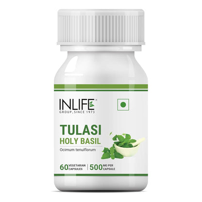 INLIFE Tulsi (Tulasi) Extract Capsules | Holy Basil | Pure Herbal Supplement | Natural Respiratory Wellness, 500mg – 60 Vegetarian Capsules (Pack of 1, 60)