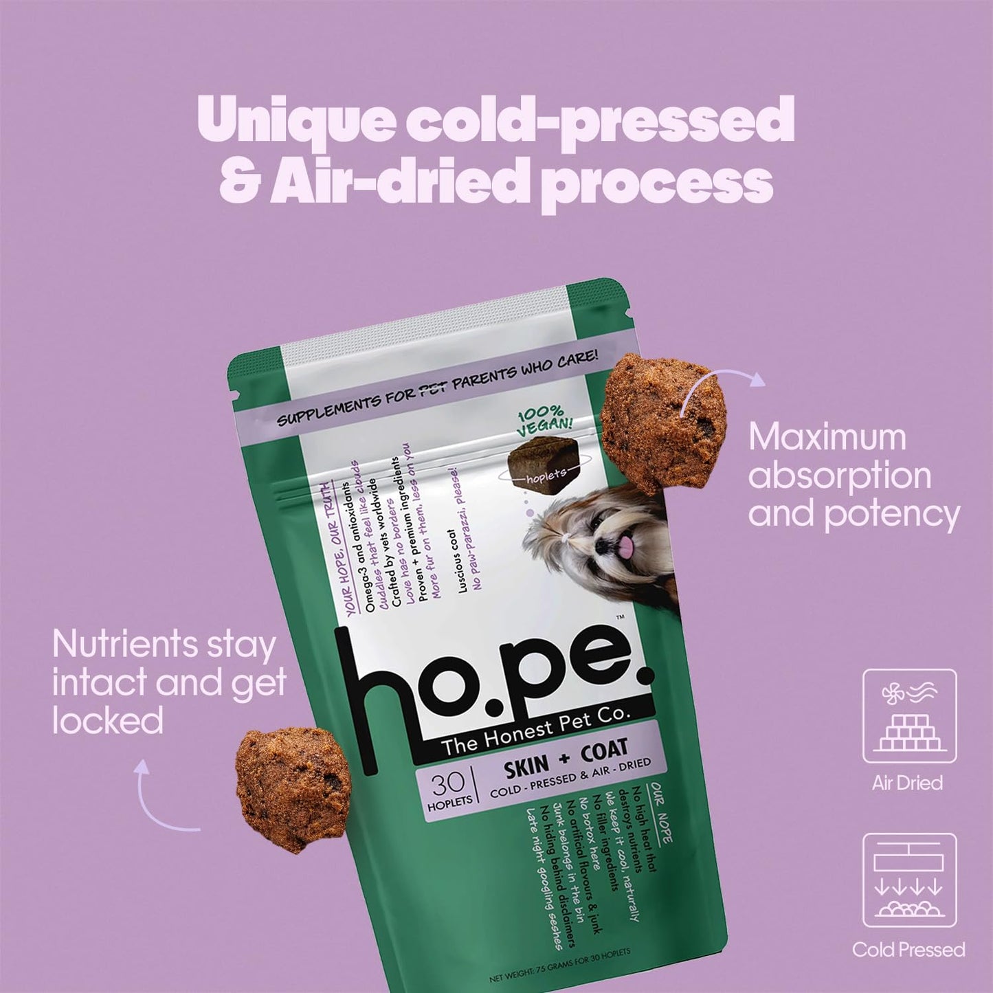 Hope Skin & Coat Supplement for Dogs 30 Vegan hoplets | Pet Chews for Skin Allergies, Itching & Scratching Relief | Biotin, Collagen, Omega 3 & 6 | Cold-Pressed | Hypoallergenic | Honest Pet Co