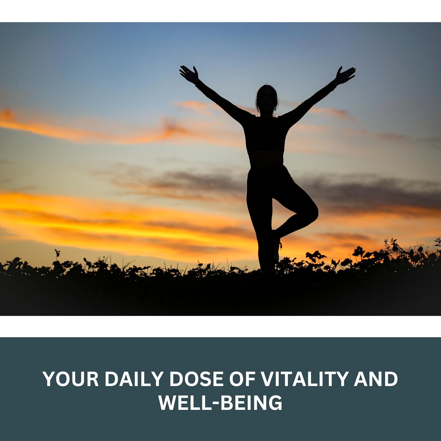 Person in a yoga pose with arms outstretched against a sunset sky, with text 'Your daily dose of vitality and well-being'.