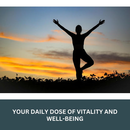 Person in a yoga pose with arms outstretched against a sunset sky, with text 'Your daily dose of vitality and well-being'.