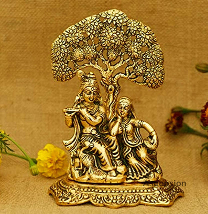Metal Radha Krishna Idol Decorative Showpiece Statue for Puja Room Home Decor Office Desk Decoration Gift Items (7 x 6 Inches) Gold