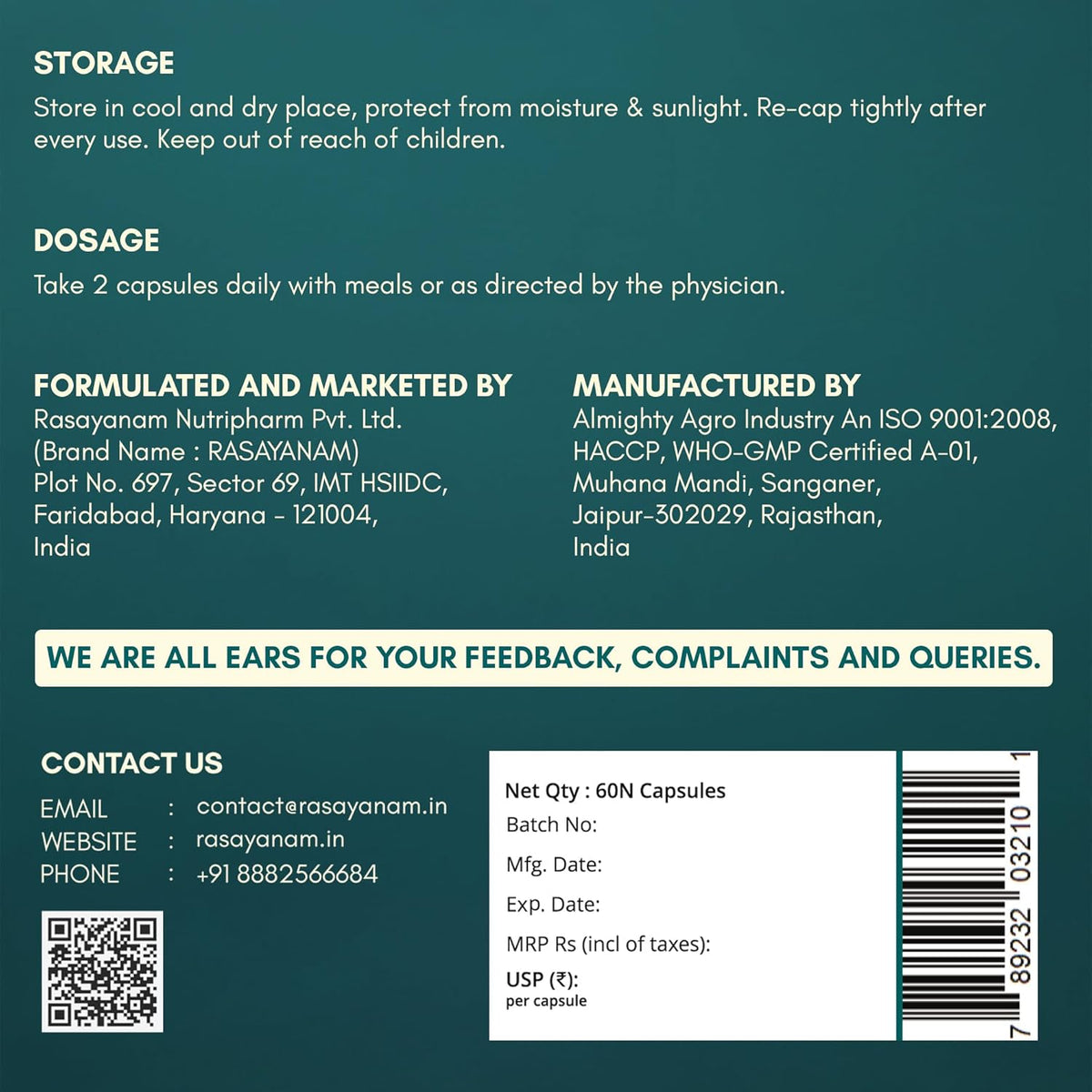 Back label of a capsule container with storage instructions, dosage information, and contact details on a green background.