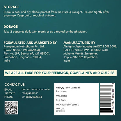 Back label of a capsule container with storage instructions, dosage information, and contact details on a green background.