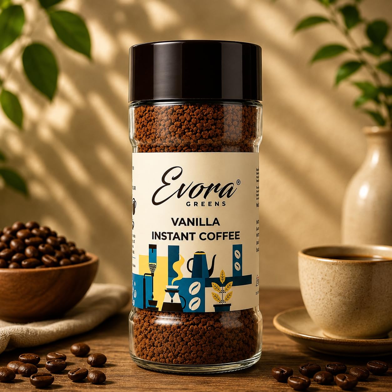 EVORA Greens 100gm Instant Coffee Powder | Vanilla Flavour | Coffee with Arabica & Robusta Blend - Medium Roast | Make Café Style Hot or Cold Coffee, black Coffee, Cappuccino, Latte at Home | Make 50 Cups