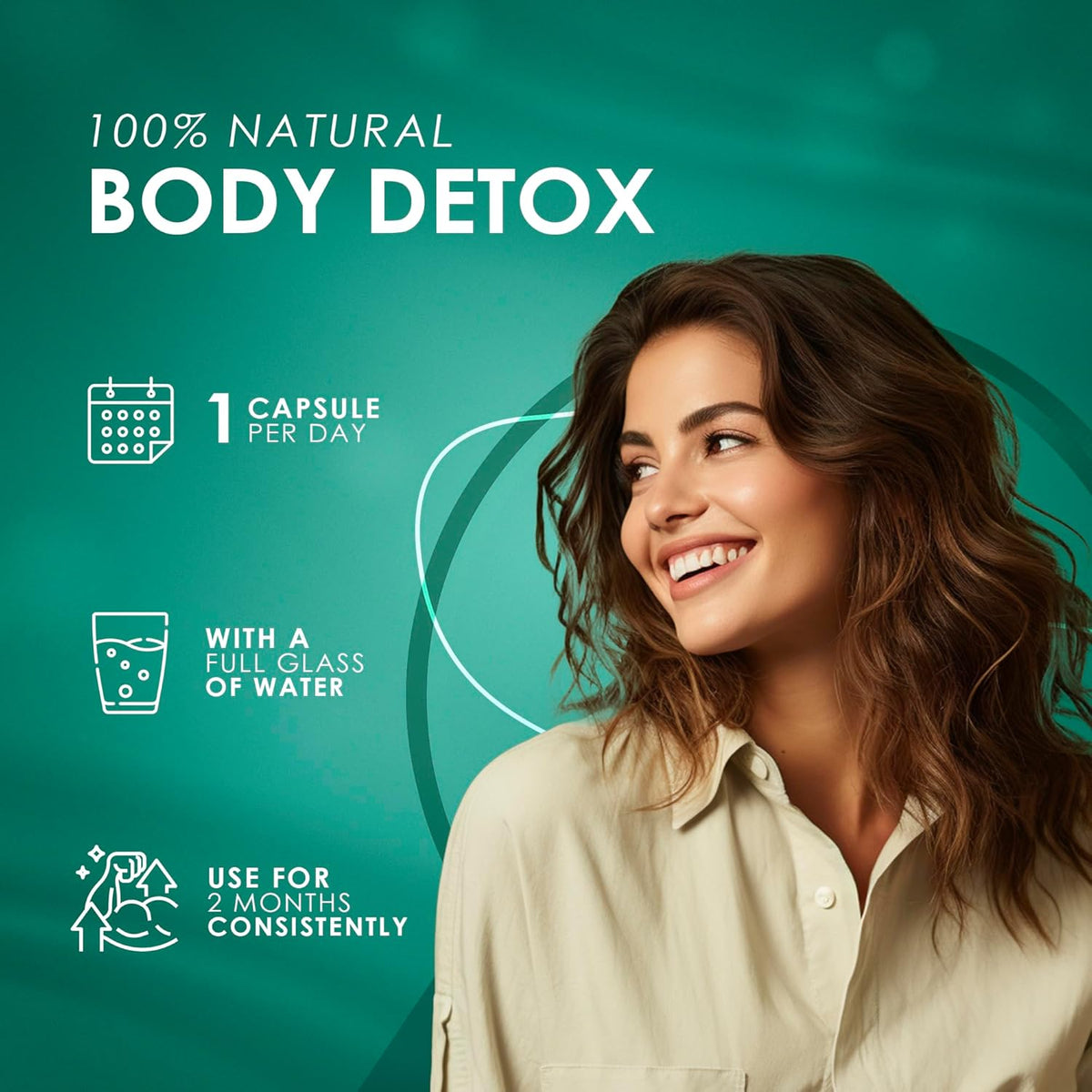 Woman with a 100% natural body detox product on a green background
