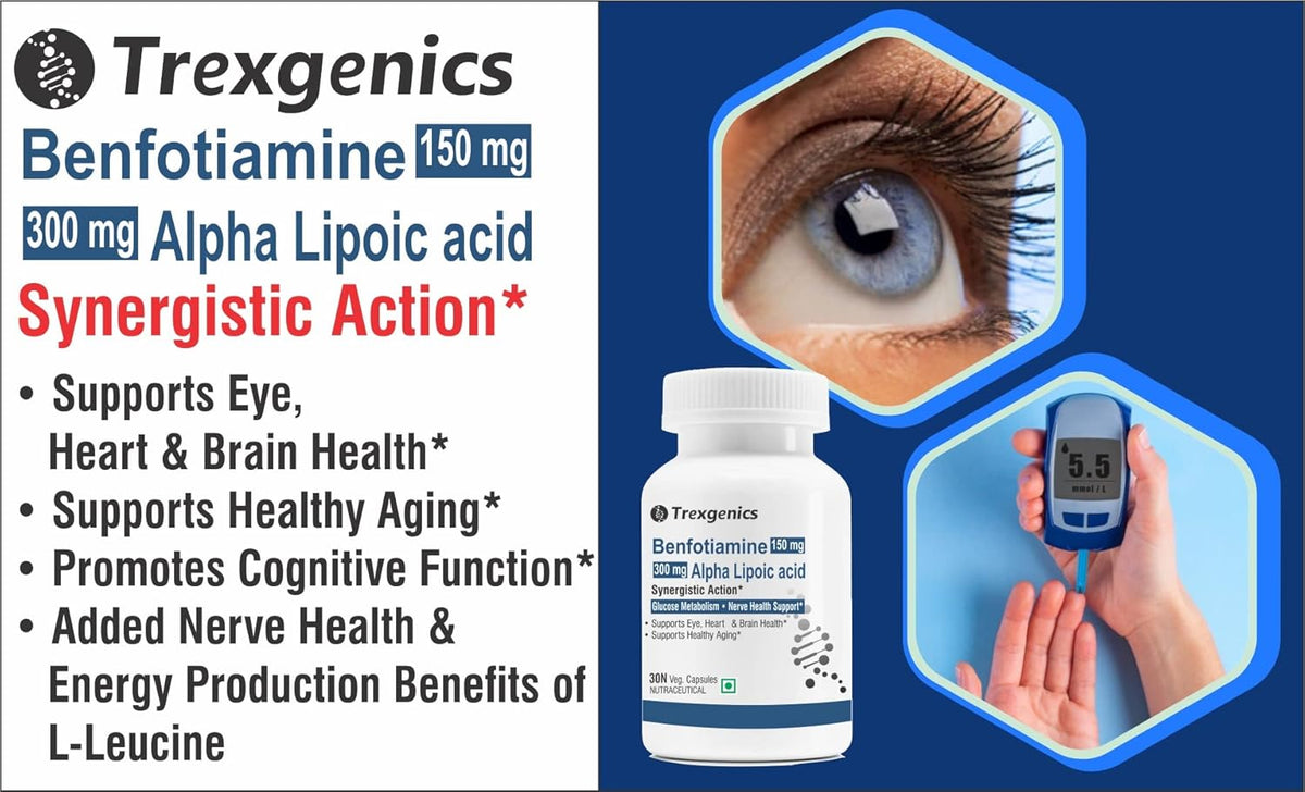 Advertisement for Trexgenics Benfotiamine supplement with product packaging and health benefits highlighted.
