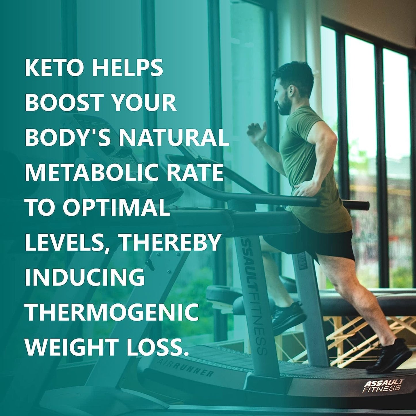 Person exercising on a treadmill with text about keto and weight loss.