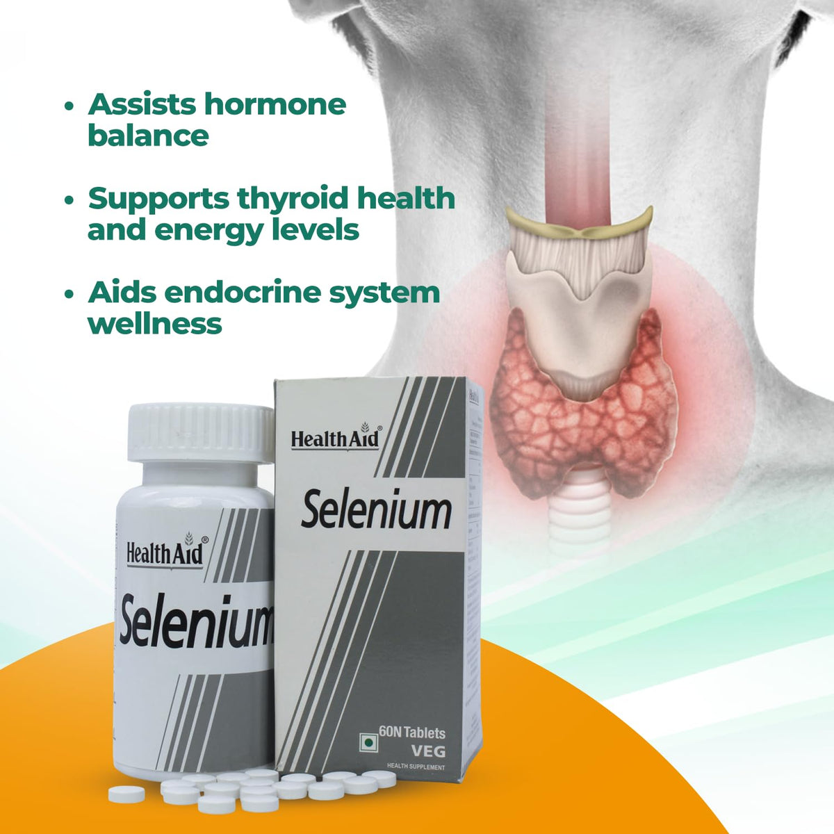 HealthAid Selenium Supplement | Yeast-Free Antioxidant for Immune & Thyroid Support | Promotes Cellular Protection & Heart Wellness | 60 Vegan Tablets(Pack of 1) | For Men & Women