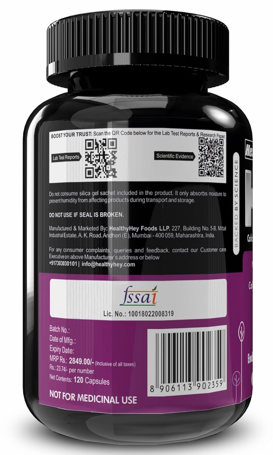 Supplement bottle with label showing FSSAI certification on a white background