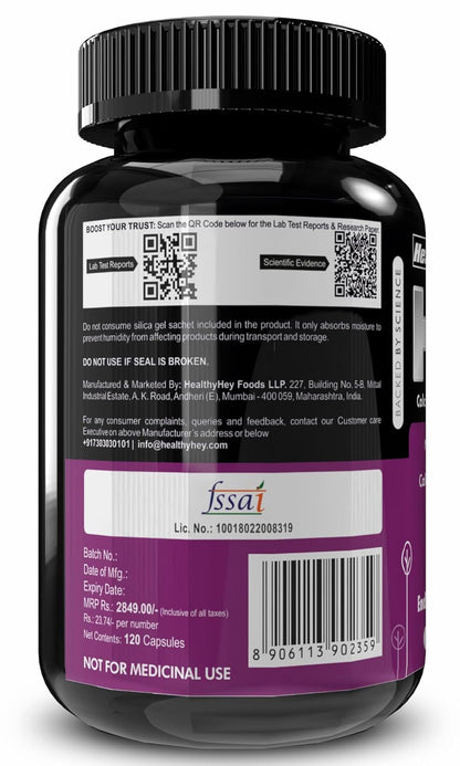 Supplement bottle with label showing FSSAI certification on a white background