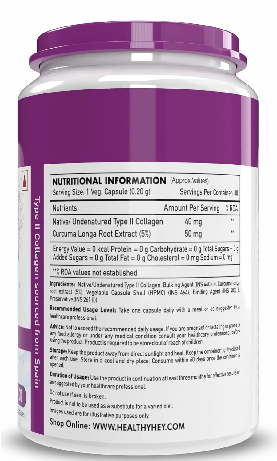 Supplement container with purple lid and white label displaying nutritional information.