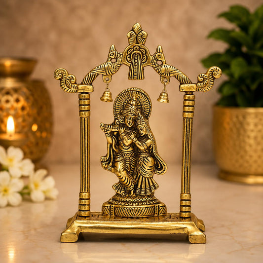 Gold Plated Metal Laddu Gopal Ji Jhula Idol with Antique Golden Finish, Bal Krishna Swing Statue Showpiece for Home, Pooja Room, Living Room, Office Decor, Janmashtami and Gifting