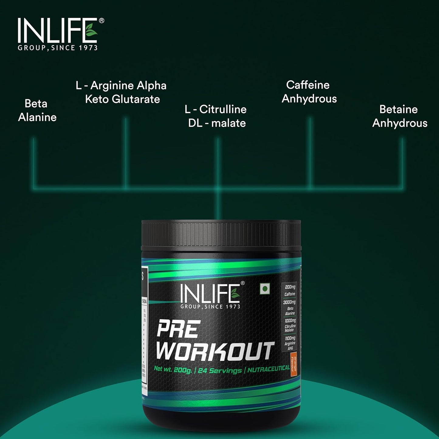 INLIFE Pre-Workout Supplement 200mg Caffeine,1000mg Citrulline,1100mg Arginine AAKG,3000mg B-Alanine,Creatine,Taurine, Betaine Anhydrous Pre Workout Formula Men & Women 200g, 24 Servings (Orange)