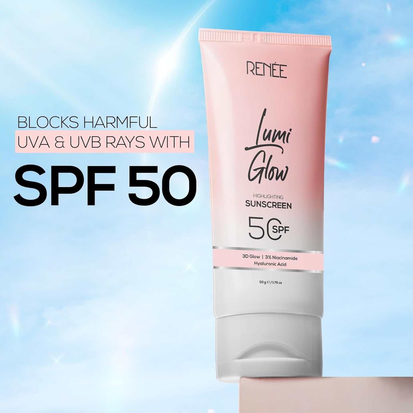 Sunscreen tube labeled 'Lumi Glow' by 'RENEE' with SPF 50 on a light blue background