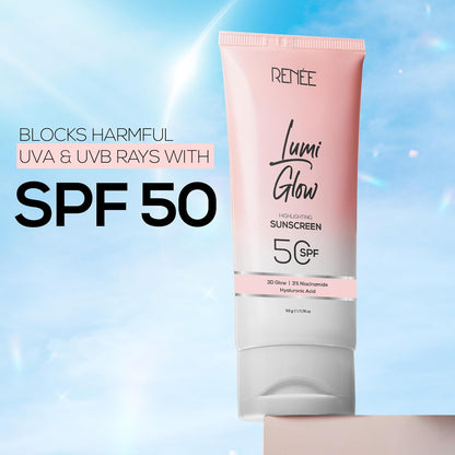 Sunscreen tube labeled 'Lumi Glow' by 'RENEE' with SPF 50 on a light blue background