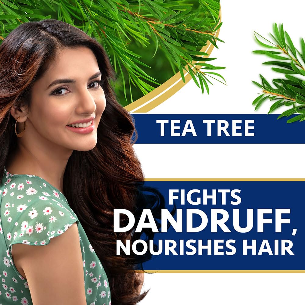 Woman with long dark hair next to tea tree leaves with text about tea tree benefits.