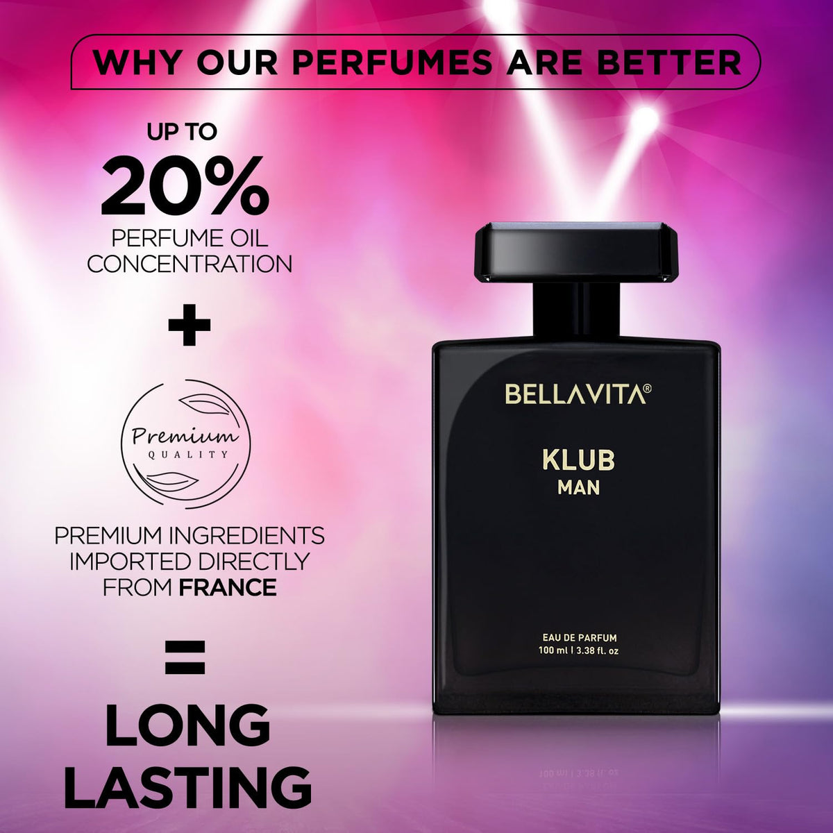 Black Bella Vita Klub Man perfume bottle on a pink and purple gradient background with text about product features.