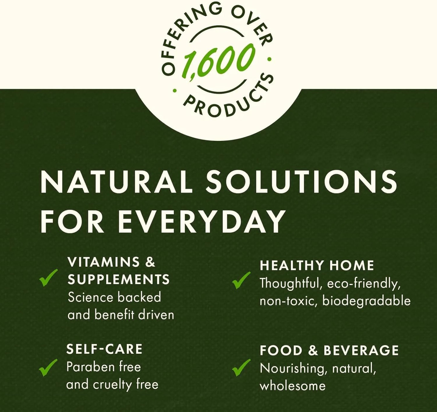 Promotional graphic for a brand offering natural solutions with text on a green background.