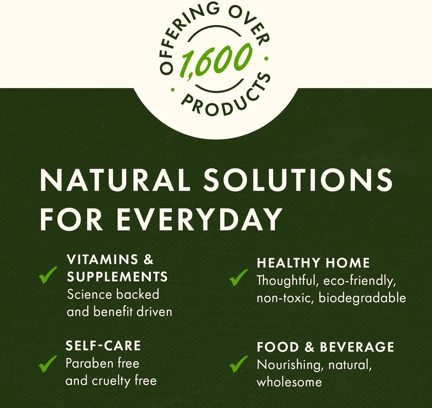 Promotional graphic for a brand offering natural solutions with text on a green background.